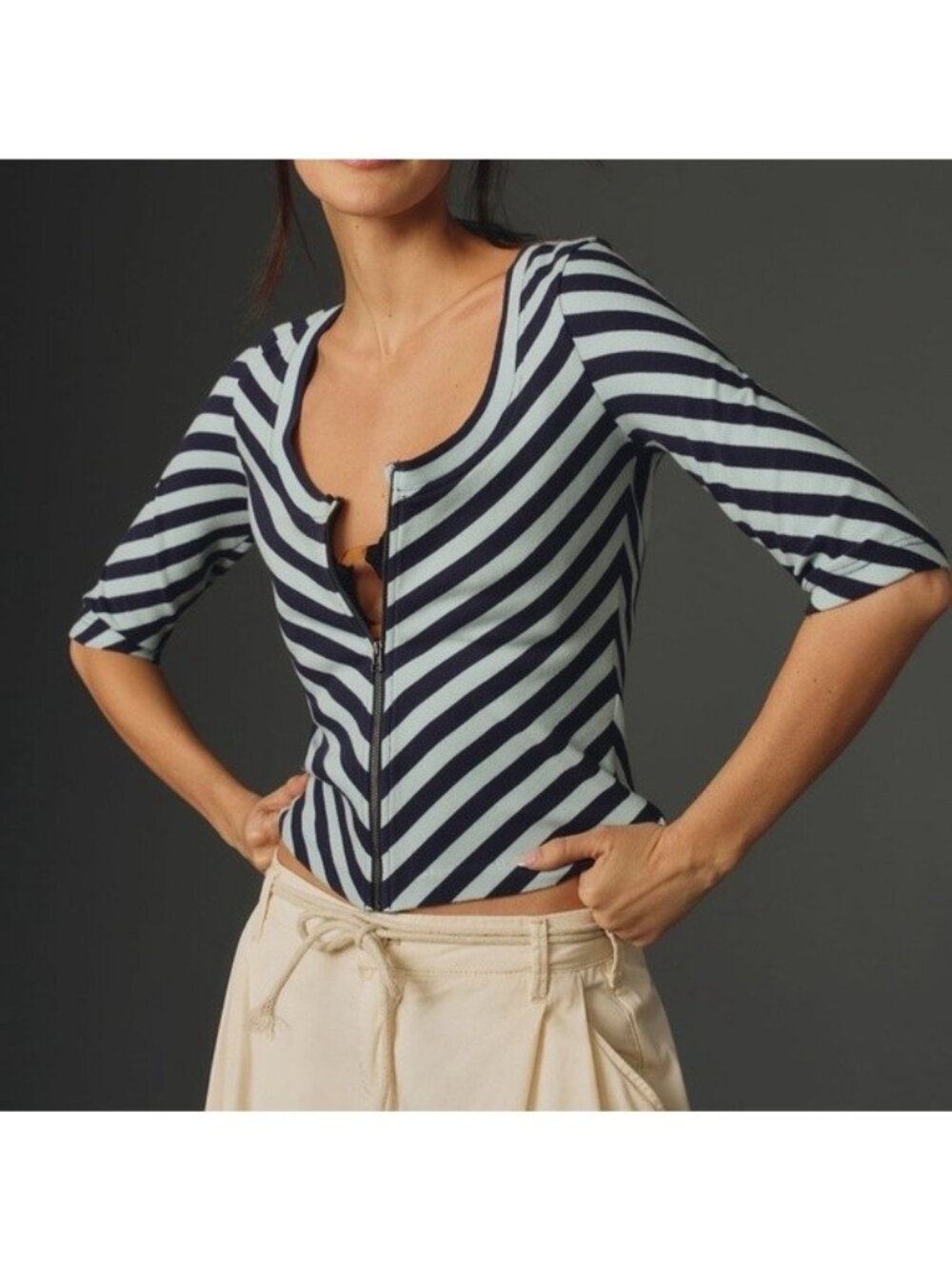 Maeve Anthropologie Blue Chevron Stiped Zip-Up Top, Size XL